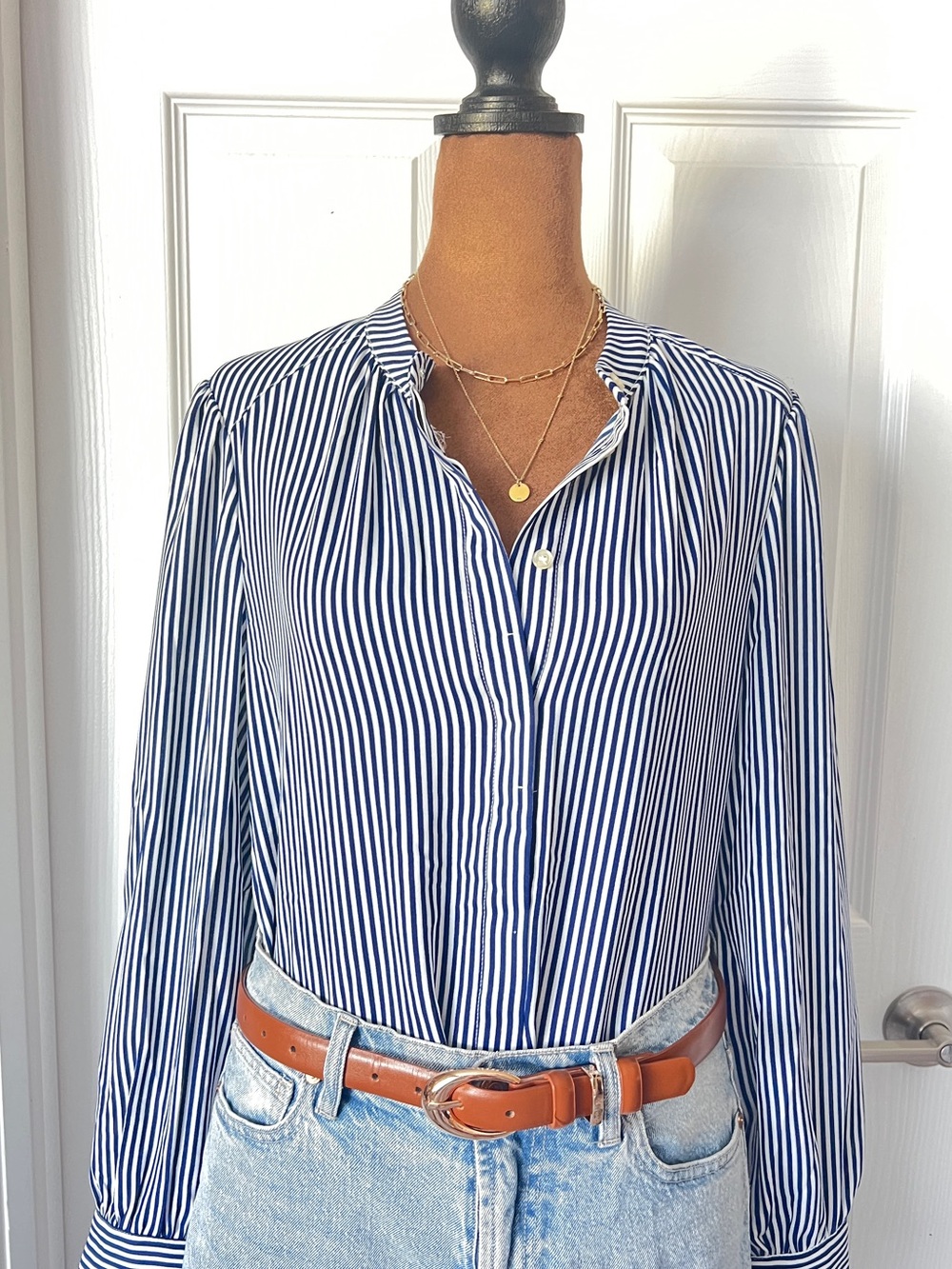 Francesca's Collections Navy & White Vertical Stripe Button-Down Shirt
